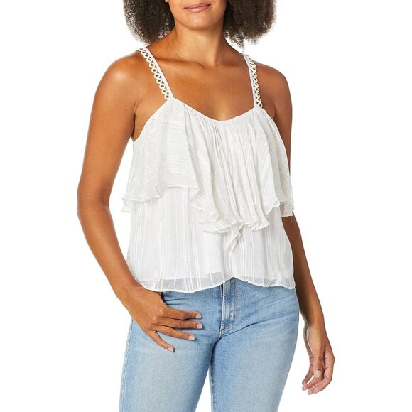 RAMY BROOK Alyssa White Crinkle Metallic Striped Grommet Ruffle Tank, Size M - Picture 1 of 14